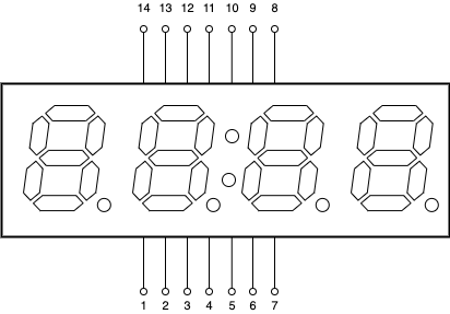 Schematic for common cathode 4-digit seven-segment display